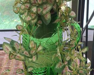 Green Glass Pitcher with Artificial Caladium Plants