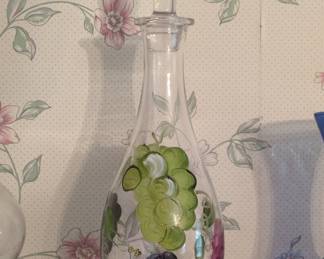 Hand-Painted Glass Decanter with Grape and Floral Motif