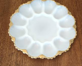 Anchor Hocking Milk Glass Deviled Egg Plate with Gold Trim