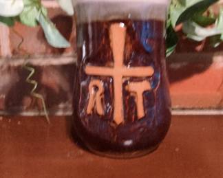 Christian Pottery Mug with Cross and Monogram 'RT'
