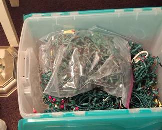 Assorted Christmas String Lights in Storage Bin