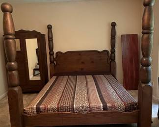 Rustic Pine Four-Poster Bed Frame