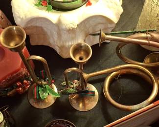 Vintage Brass French Horn and Bugle Candlesticks with Christmas Embellishments