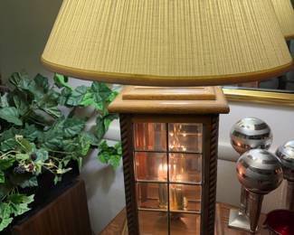 Vintage Oak/Glass Panel Table Lamp - 2