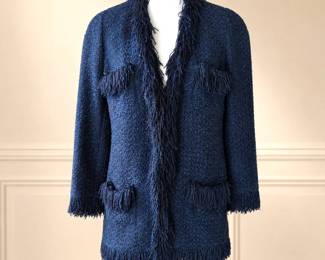 Edward Achour Paris Blue Bouclé Fringe Jacket – Size 40 – French Designer Tweed Style
