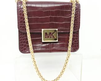 Michael Kors Burgundy Croc-Embossed Chain Shoulder Bag with Gold-Tone MK Clasp