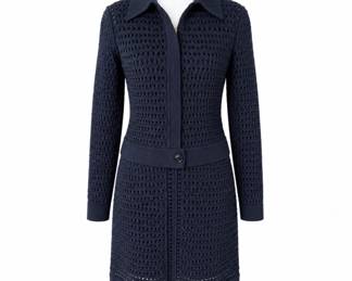 St. John Black Crochet Knit Two-Piece Ensemble – Sleeveless Dress with Matching Long Jacket