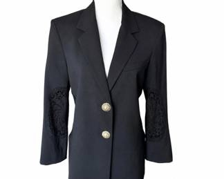 Black Tailored Jacket with Crochet Sleeve Inserts & Gold-Tone Buttons – Women’s Designer Style