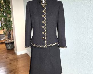 Chanel Women’s Black Wool Blend Skirt Suit with Signature Chain Trim – Size 40