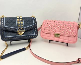Pair of Michael Kors Studded Crossbody / Shoulder Handbags – Navy Blue & Pink