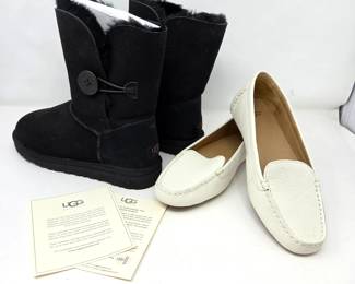 UGG Black Shearling Boots Size 6 & White Leather Loafers Size 7