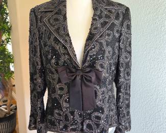 Escada Hand-Beaded Black Evening Jacket with Sequins & Satin Bow – Size 42