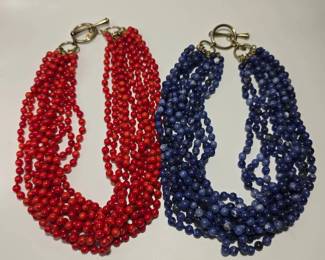 Lapis & Coral Multi-Strand Beaded Necklaces – Red & Blue Statement Jewelry – Possible Dyed Stones