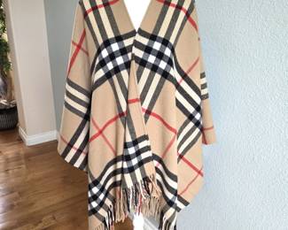 urberry Wool & Cashmere Nova Check Cape Poncho with Fringe – One Size