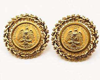 14K Gold Mexican Dos Pesos Coin Earrings – Vintage Estate Coin Jewelry – Eagle Design