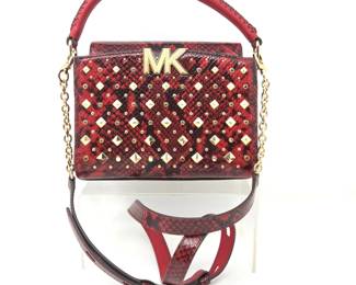 Michael Kors Red Snakeskin-Print Studded Crossbody Satchel Handbag with Gold Hardware