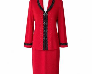 St. John Red Knit Three-Piece Collection – Two Designer Jackets & Matching Skirt