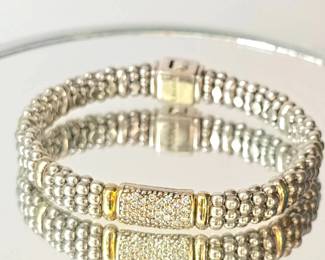 Sterling Silver, 18K Gold & Diamond Caviar-Style Bracelet – Designer Estate Jewelry