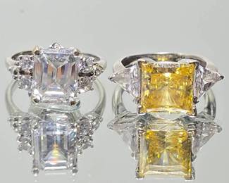 Set of Two 14K Gold & CZ Statement Rings – Clear Emerald Cut & Yellow Princess Cut