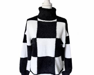 Staud Black & White Checkered Turtleneck Designer Sweater – Size Small