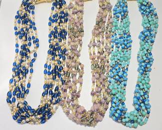 Set of Three Exotic Multi-Strand Stone Necklaces – Lapis, Amethyst & Turquoise Color Beads