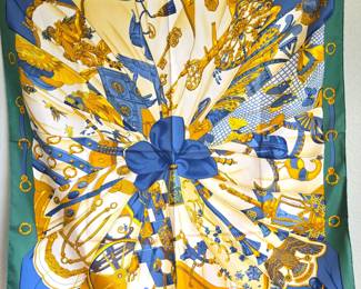 Hermès “Soleil de Soie” Caty Latham Silk Carré 90 Scarf – Blue Green Gold
