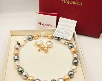 Majorica Multi-Color Pearl Necklace & Matching Earrings – Box & Papers