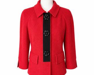 St. John Red Knit Jacket with Black Ribbon Trim & Floral Buttons – Size 8 – Made in USA