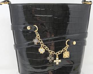 St. John Black Patent Leather Handbag with Gold-Tone Charm Chain