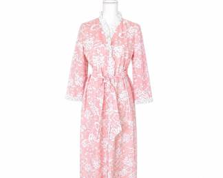 Vintage Pink & White Floral House Coat Robe – Belted Long Lounge Dress with 3/4 Sleeves - Size Medium