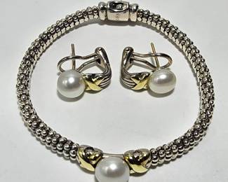 Pearl Bracelet & Matching Earrings with 18K Gold Accents – Sterling Silver Fine Jewelry Set