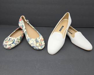 Tory Burch Floral Logo Ballet Flats Size 6.5M & Lafayette 148 New York White Leather Flats Size 7 – Designer Shoe Lot
