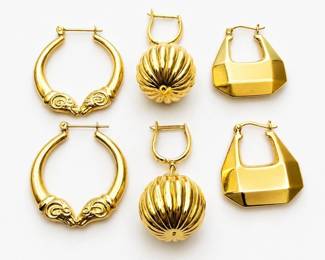 hree Pairs Vintage Gold Earrings – Hoop, Ribbed Drop & Geometric Designs – .394 ozt Total