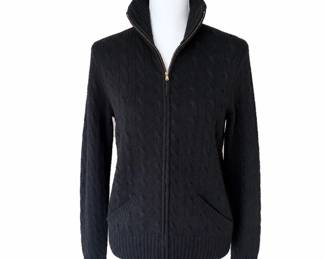 Ralph Lauren Black Cable Knit Zip-Front Sweater – Size Large – Classic Designer Knitwear