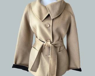 St. John Women’s Tan Angora Wool Belted Jacket with Black Contrast Cuffs – Size Small
