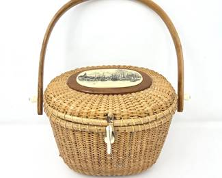 Vintage Woven Wicker Basket Purse with Wooden Handle & Oval Scenic Lid Accent