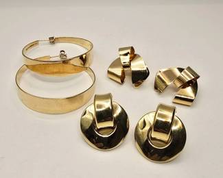 Three Pairs 14K Gold Vintage Earrings – Hoop, Geometric Bow & Sculptural Disc Designs