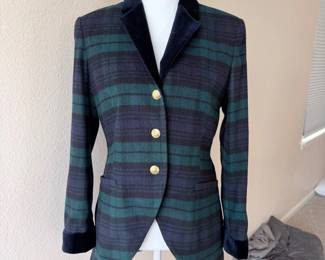Von Dörnberg Munich Green & Navy Plaid Wool Blazer – Velvet Trim – Size 38 – Made in Germany