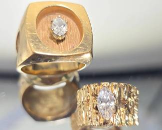 His & Hers Vintage Brutalist 14K Gold Rings with CZ Stones – Matching Statement Ring Pair