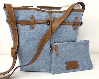 Polo Ralph Lauren Light Blue Denim & Leather Shoulder Tote with Matching Pouch