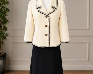 St. John Couture Cream & Black Knit Skirt Suit – Jacket Size 10 / Skirt Size 12