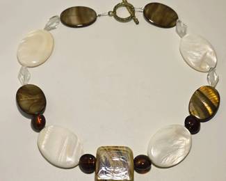 Mother-of-Pearl, Tiger’s Eye & Stone Statement Necklace – Mixed Gemstone Estate Jewelry