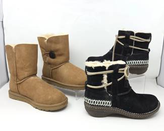 Two Pairs Women’s Winter Boots – UGG Tan Shearling Boots Size 6 & Black Faux-Fur Trim Boots Size 7