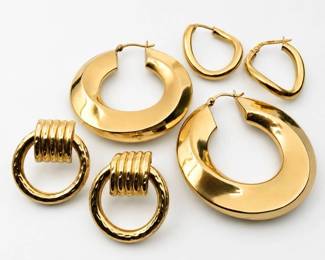 Estate Gold Earring Collection – Hoop, Door Knocker & Sculptural Earrings – 5 Pairs – Vintage Jewelry
