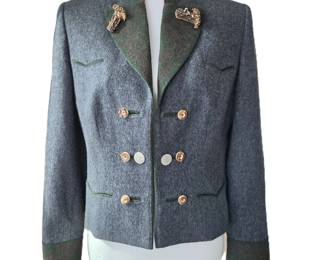 Susanne Spatt Salzburg Women’s Gray Wool Hunting Jacket with Green Velvet Collar & Horn-Style Buttons – Size 38
