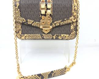 Michael Kors Monogram & Snakeskin-Trim Chain Shoulder Bag with Studded Hardware