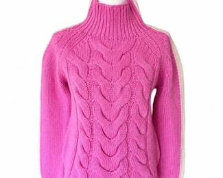 Frauenschuh Luxury Cashmere Cable Knit Turtleneck Sweater – Bright Pink – Size Medium