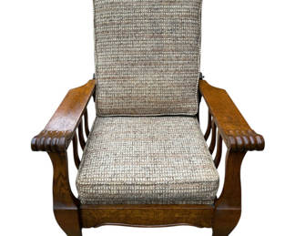 Lot 10: Antique Oak Recliner Morris Chair Tweed Upholstery