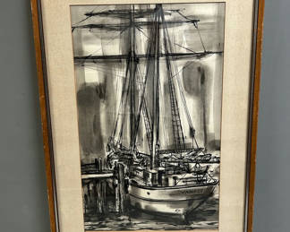 Lot 5:  Sailboat at Dock Gouache Painting Signed Ohara 