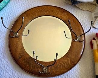 antique Oak Round Beveled glass Mirror hat rack
